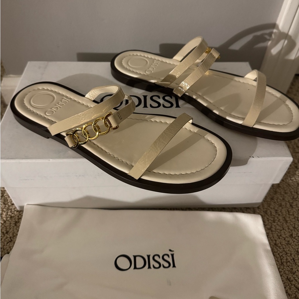 NWT Odissi Calf flat logo slide sandal size 37.5 color natural